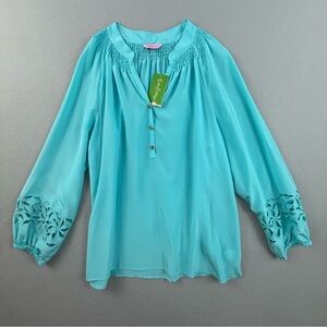 Lilly Pulitzer Blouse Women's XL Elsa Petal Eyelet Sleeve Shorely Blue